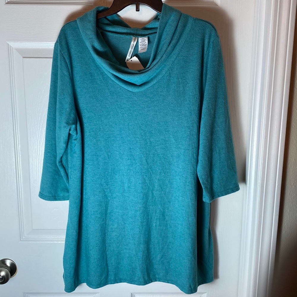 Forgotten Grace Knit Cowl Neck Pullover Sweater Teal Tunic XL Super Soft